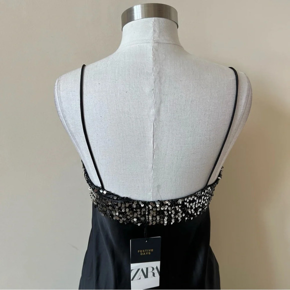 New! Zara Black Satin Contrast Sequin Maxi Slip Dress nwt 26138 - Picture 9 of 15
